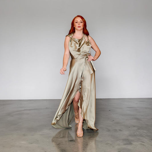 Sage Green Satin Dress (Studio to Runway — Final Sale) - Jarix Fashions 