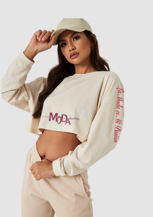 Bone Beige Moda Crop Long Sleeve - Jarix Fashions 